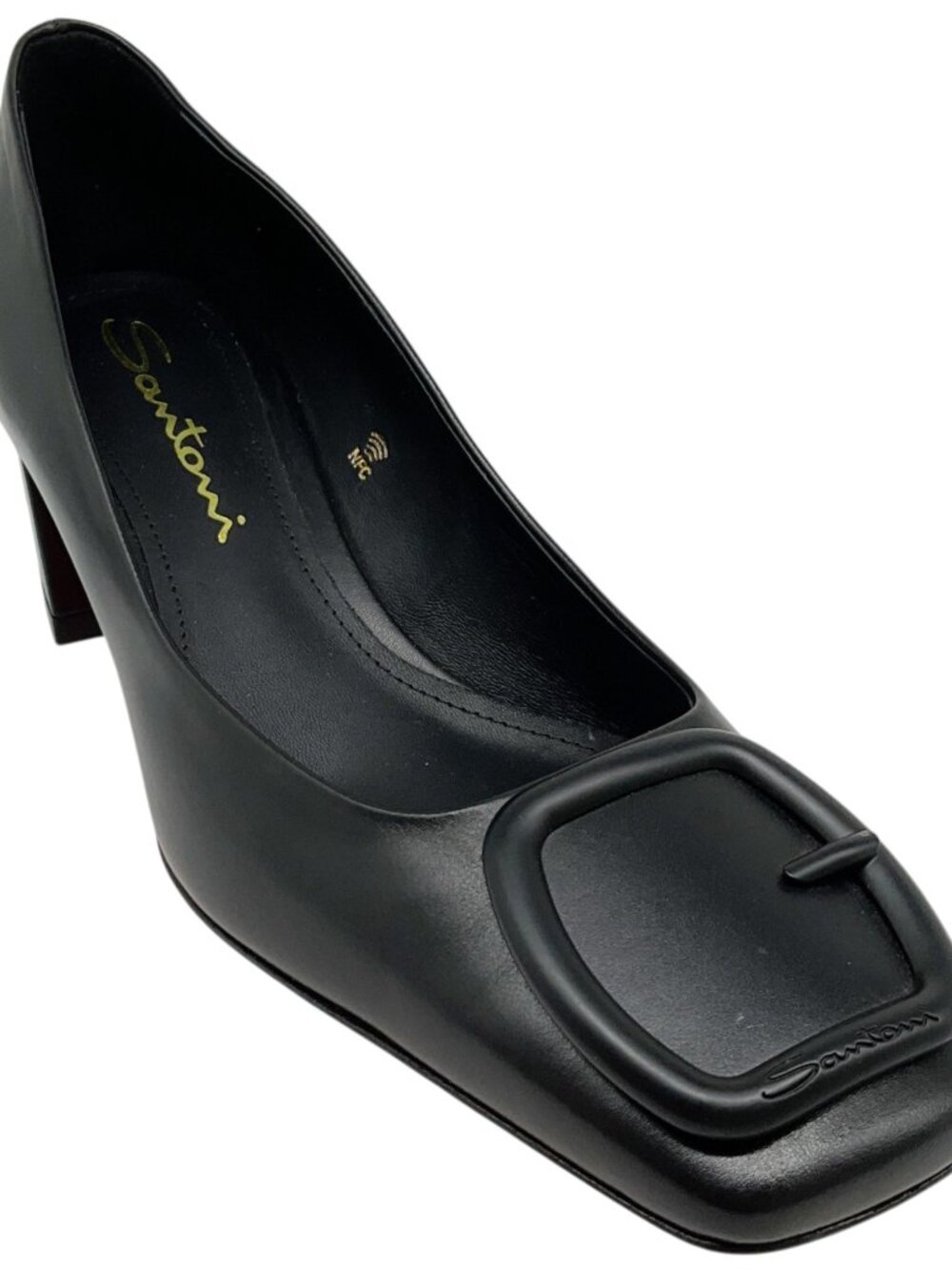 Santoni Black Leather Hasmig Buckle Pumps